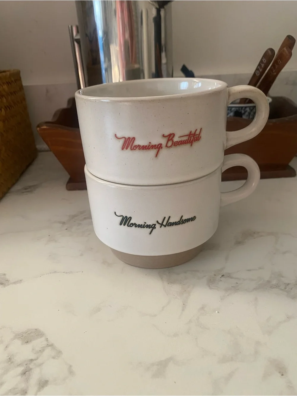 Hearth & Hand Cream Ceramic Stackable Mugs with Red and Black Script set of 2